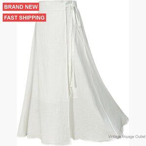 Vintage Linen Wrap Skirt Ankle-Length Elastic Waist Maxi Casual
